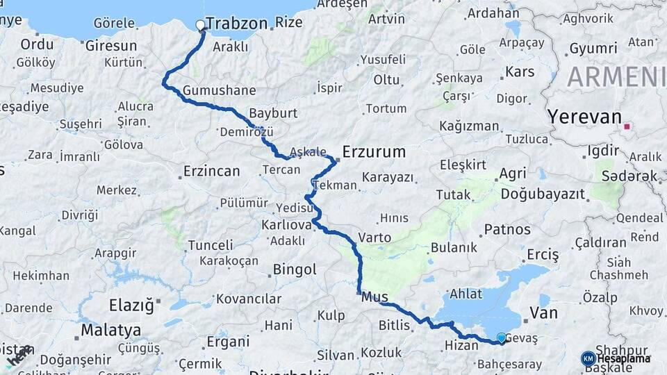 Van Gevaş Trabzon Arası Kaç Km - Yol Haritası