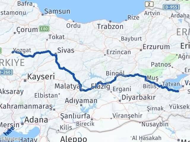 Van Gevaş Yozgat Arası Kaç Km - Yol Haritası