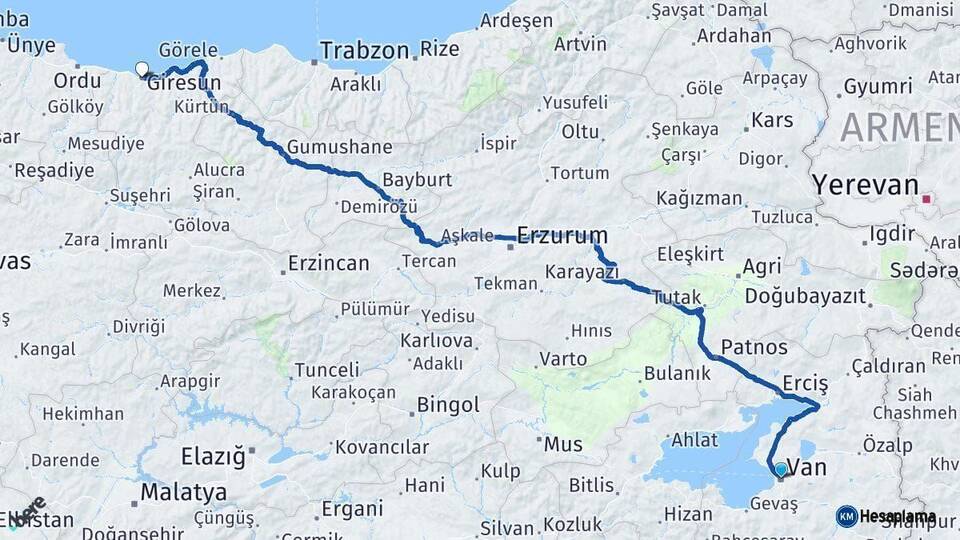 Van Giresun Arası Kaç Km - Yol Haritası