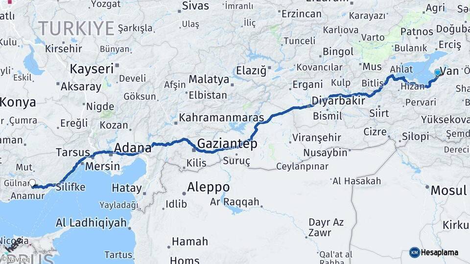 Van Gülnar Mersin Arası Kaç Km - Yol Haritası