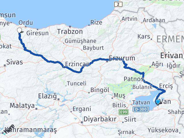 Van Gürgentepe Ordu Arası Kaç Km - Yol Haritası