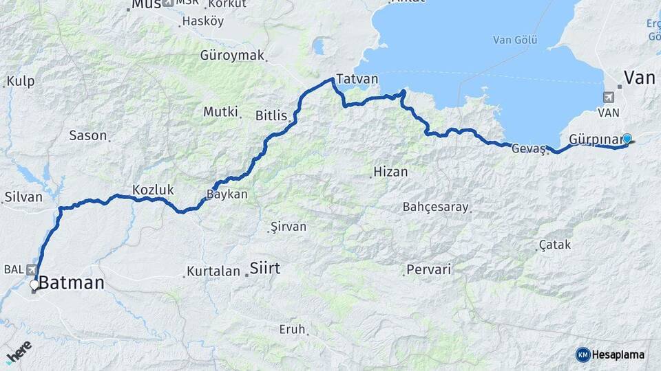 Van Gürpınar Batman Arası Kaç Km - Yol Haritası