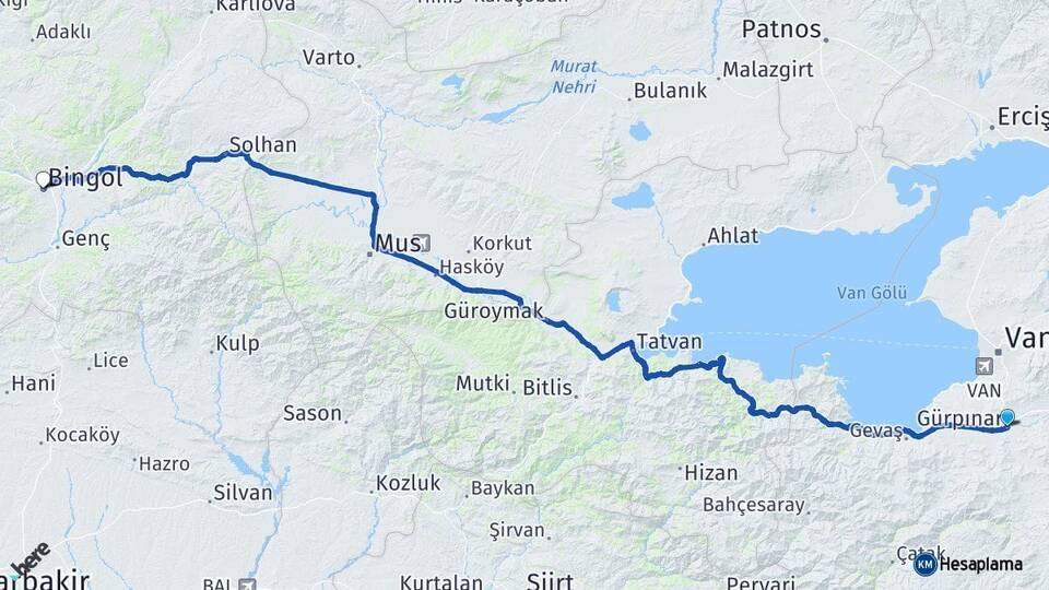 Van Gürpınar Bingöl Arası Kaç Km - Yol Haritası