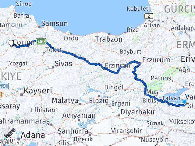 Van Gürpınar Çorum Arası Kaç Km - Yol Haritası