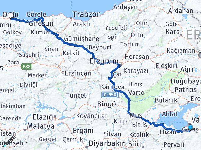 Van Gürpınar Ordu Arası Kaç Km - Yol Haritası