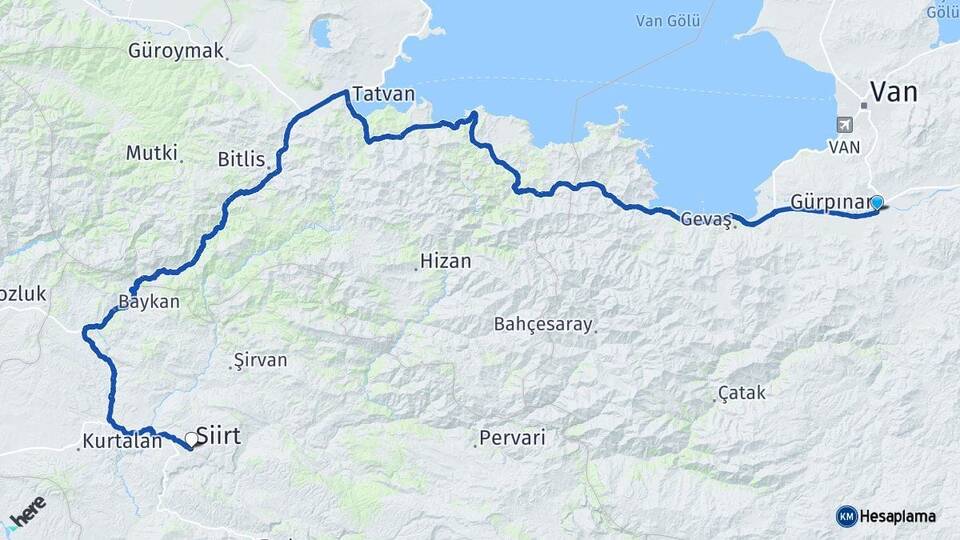 Van Gürpınar Siirt Arası Kaç Km - Yol Haritası