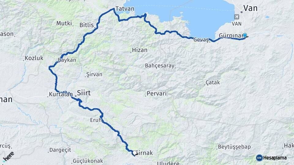 Van Gürpınar Şırnak Arası Kaç Km - Yol Haritası