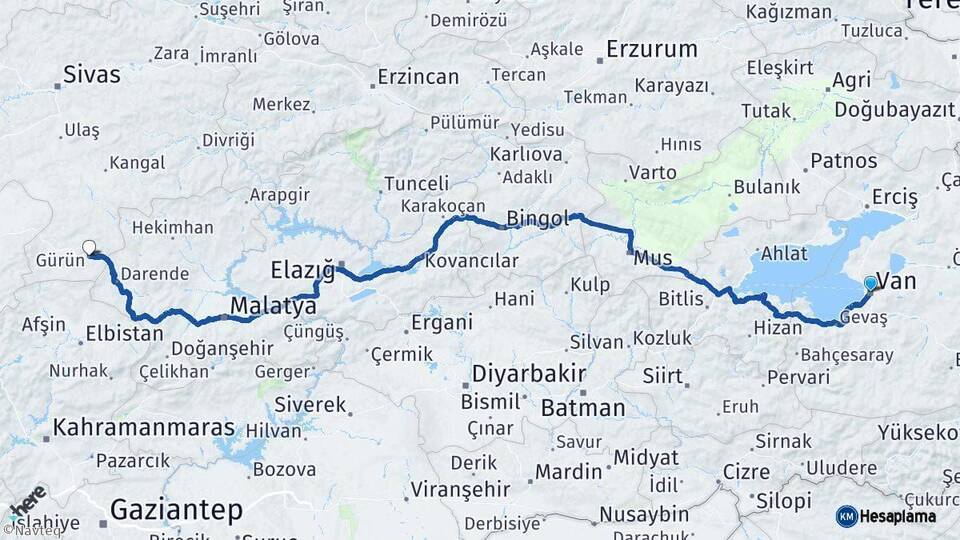 Van Gürün Sivas Arası Kaç Km - Yol Haritası