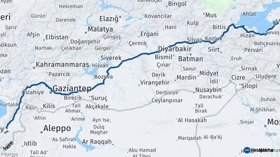 Van Hatay Arası Kaç Km - Yol Haritası