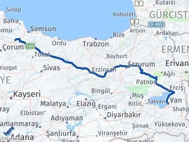 Van Havza Samsun Arası Kaç Km - Yol Haritası