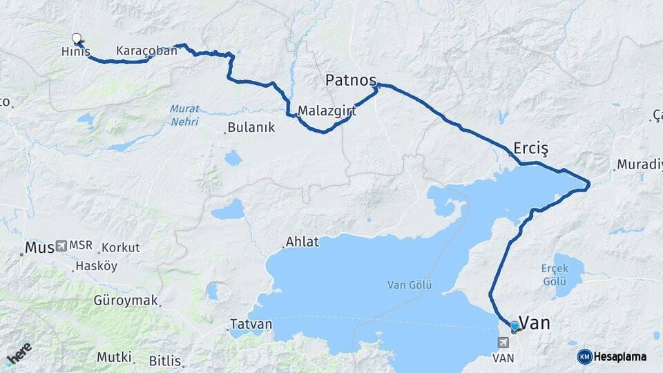 Van Hınıs Erzurum Arası Kaç Km - Yol Haritası