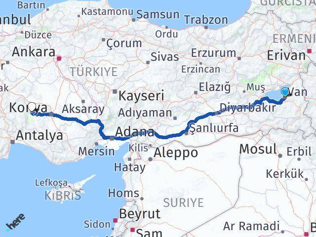 Van Hüyük Konya Arası Kaç Km - Yol Haritası