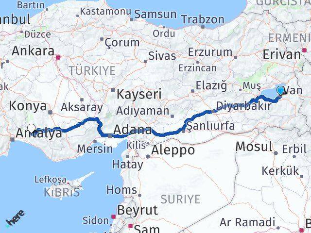 Van İbradı Antalya Arası Kaç Km - Yol Haritası