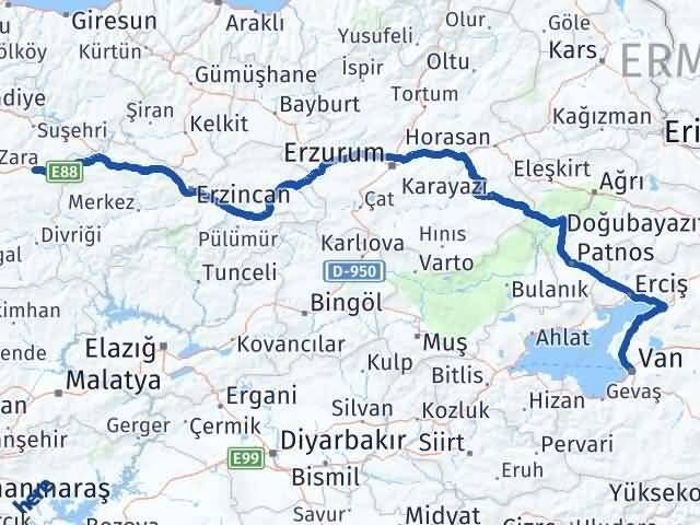 Van İmranlı Sivas Arası Kaç Km - Yol Haritası