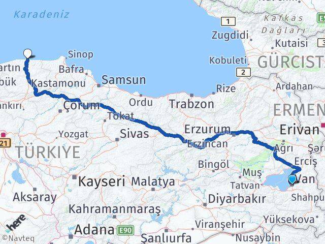 Van İnebolu Kastamonu Arası Kaç Km - Yol Haritası