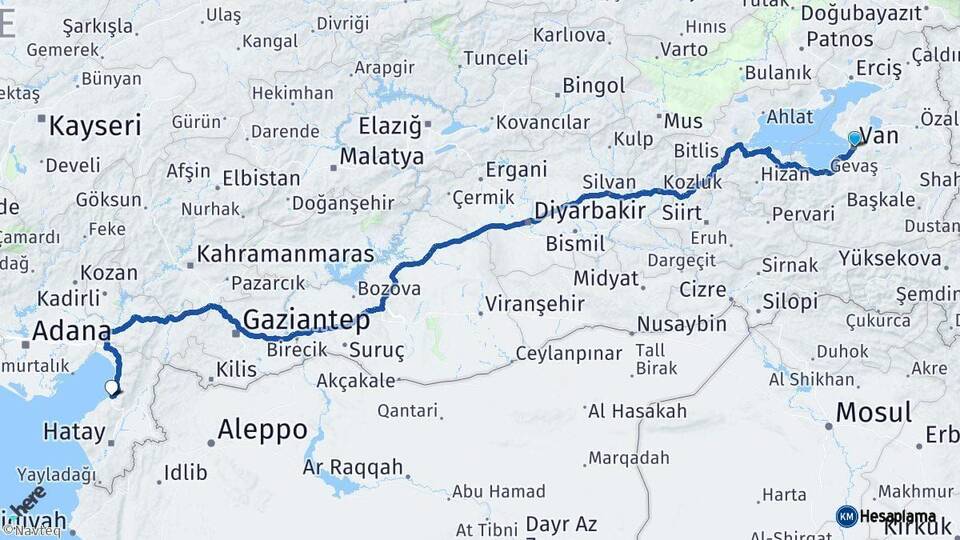 Van İskenderun Hatay Arası Kaç Km - Yol Haritası