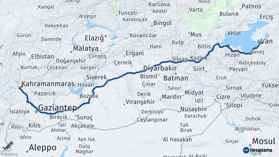 Van Kahramanmaraş Arası Kaç Km - Yol Haritası