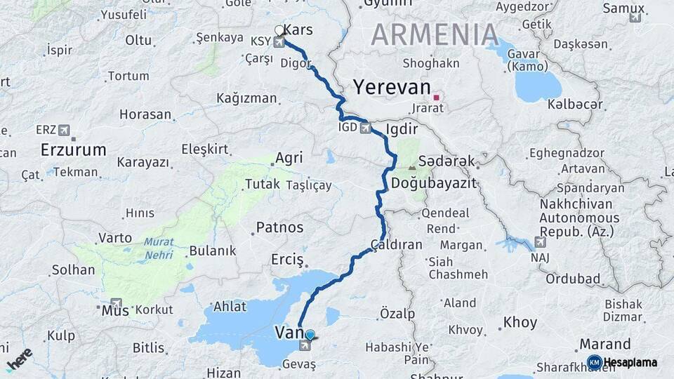 Van Kars Arası Kaç Km - Yol Haritası
