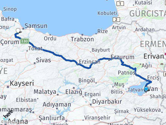 Van Kavak Samsun Arası Kaç Km - Yol Haritası