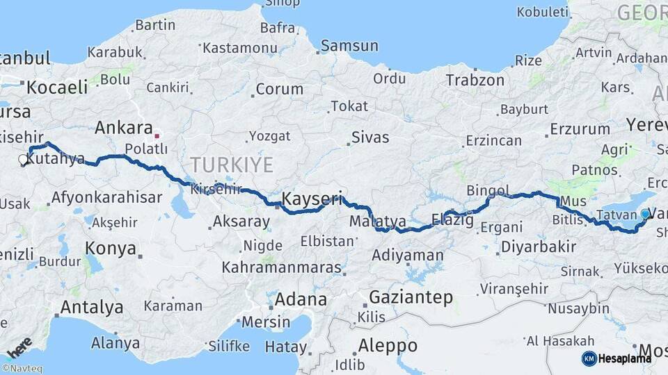 Van Kütahya Arası Kaç Km - Yol Haritası