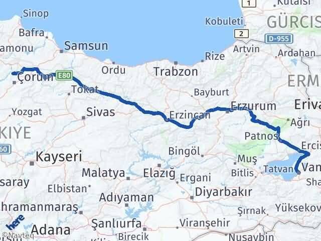Van Laçin Çorum Arası Kaç Km - Yol Haritası