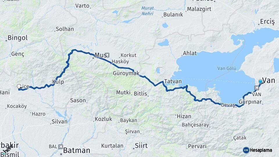 Van Lice Diyarbakır Arası Kaç Km - Yol Haritası