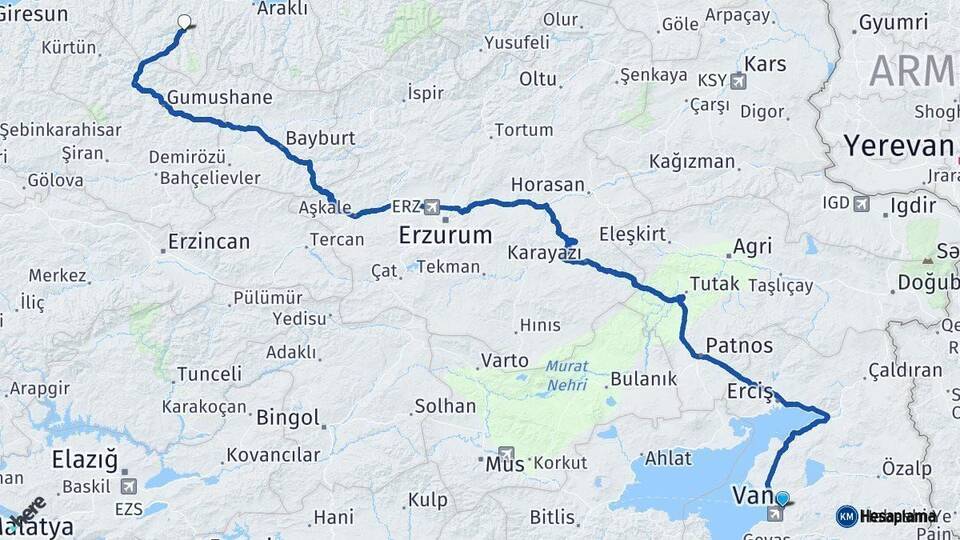 Van Maçka Trabzon Arası Kaç Km - Yol Haritası