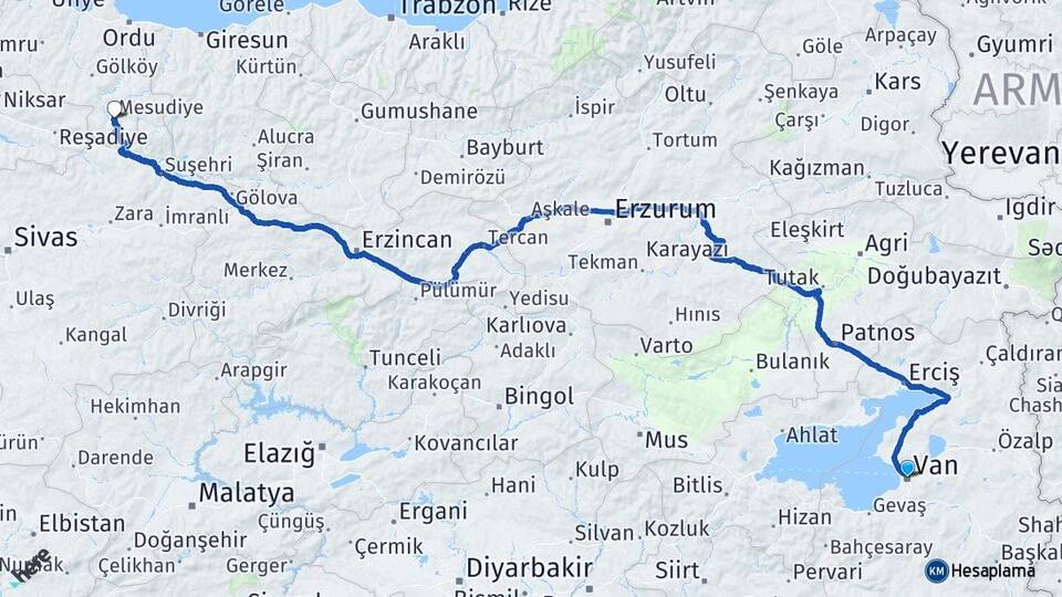 Van Mesudiye Ordu Arası Kaç Km - Yol Haritası