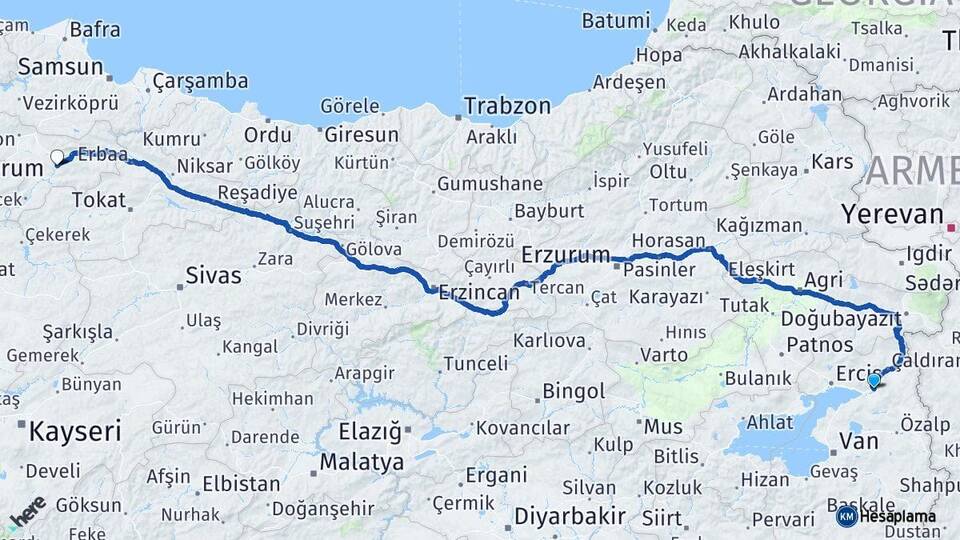 Van Muradiye Amasya Arası Kaç Km - Yol Haritası