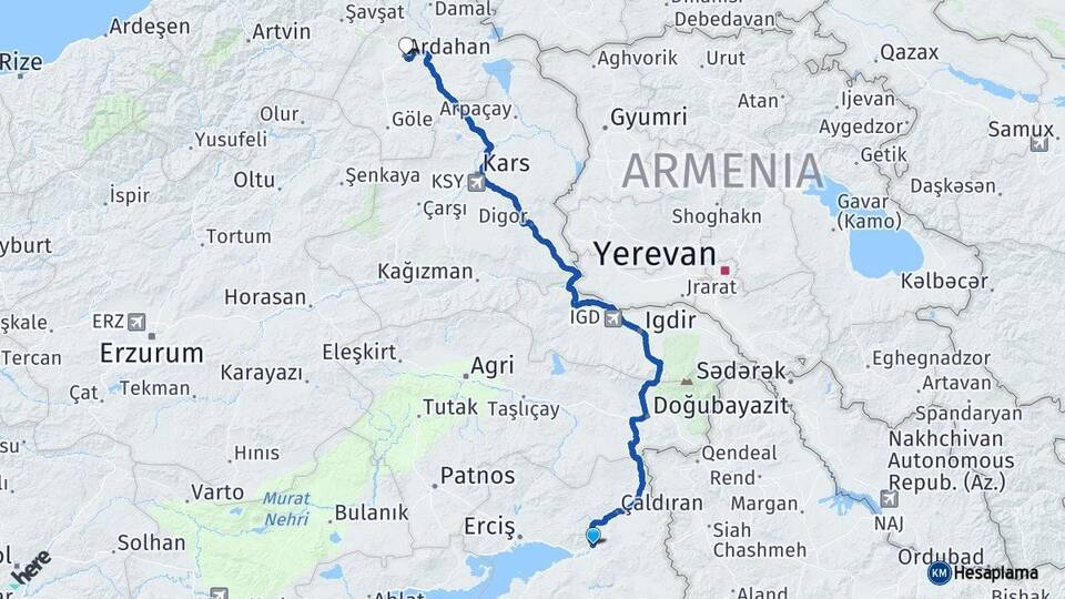 Van Muradiye Ardahan Arası Kaç Km - Yol Haritası