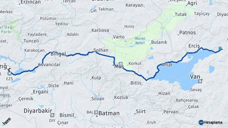 Van Muradiye Elazığ Arası Kaç Km - Yol Haritası
