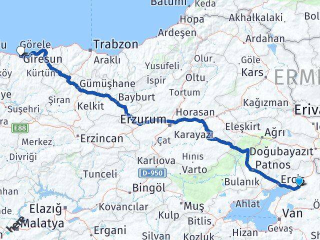 Van Muradiye Giresun Arası Kaç Km - Yol Haritası