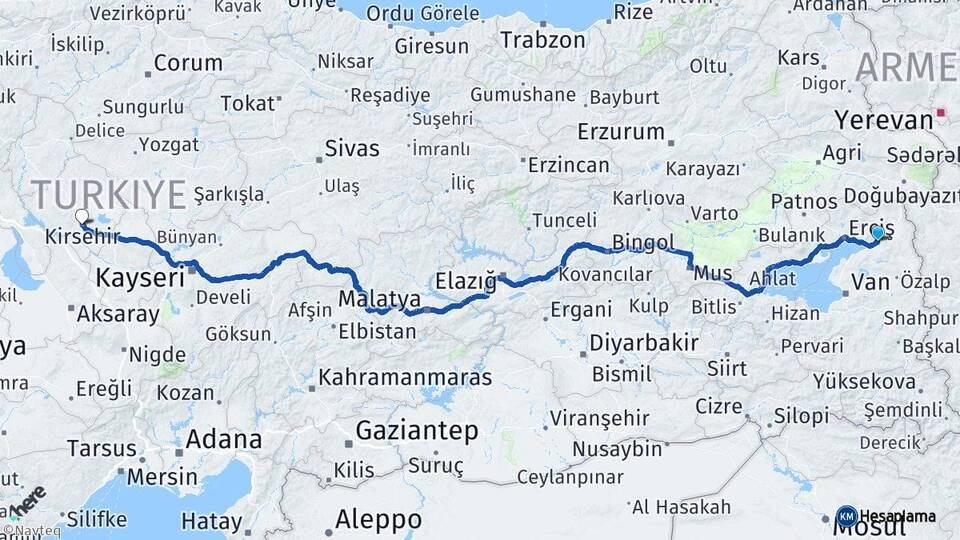 Van Muradiye Kırşehir Arası Kaç Km - Yol Haritası