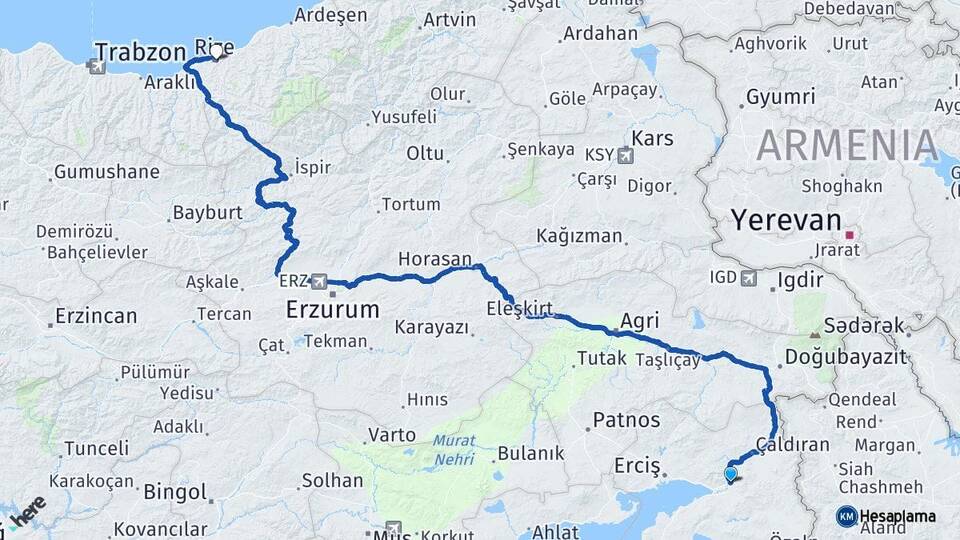 Van Muradiye Rize Arası Kaç Km - Yol Haritası