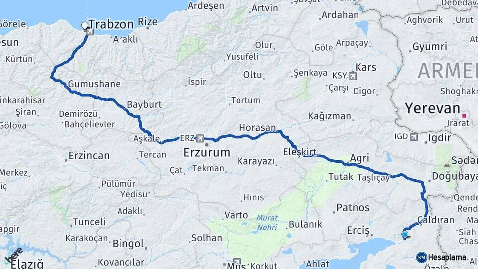 Van Muradiye Trabzon Arası Kaç Km - Yol Haritası