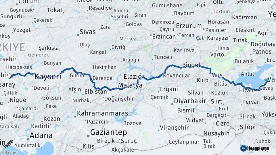 Van Nevşehir Arası Kaç Km - Yol Haritası