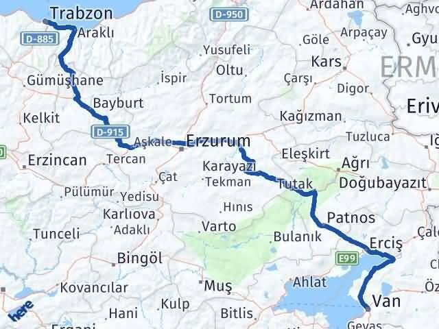 Van Ortahisar Trabzon Arası Kaç Km - Yol Haritası