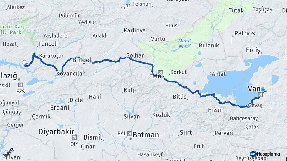 Van Pertek Tunceli Arası Kaç Km - Yol Haritası