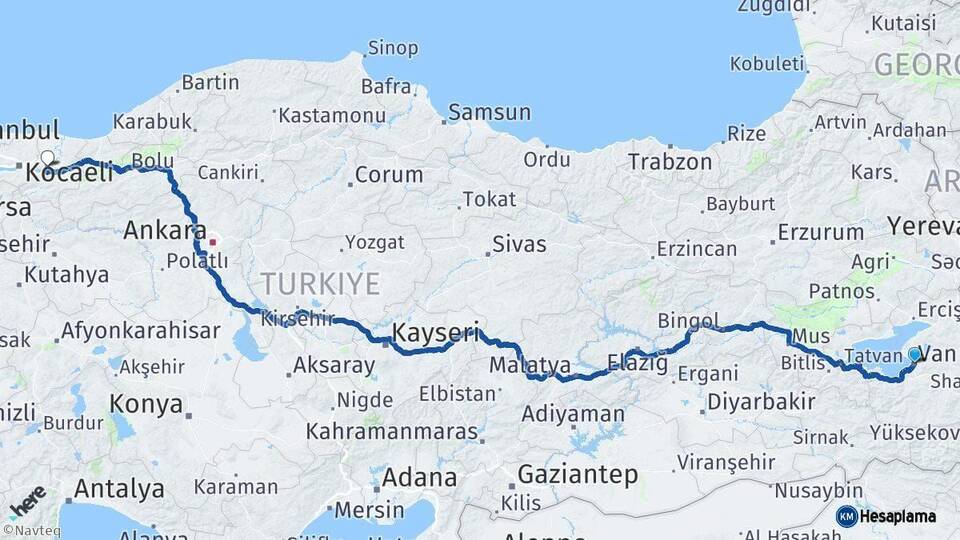 Van Sakarya Arası Kaç Km - Yol Haritası