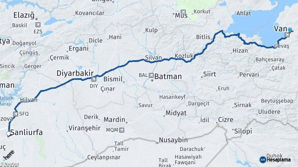 Van Şanlıurfa Arası Kaç Km - Yol Haritası
