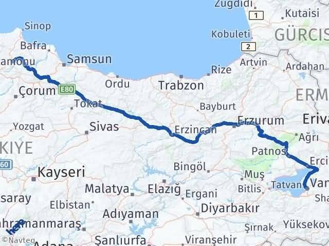 Van Saraydüzü Sinop Arası Kaç Km - Yol Haritası