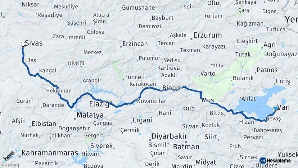 Van Sivas Arası Kaç Km - Yol Haritası