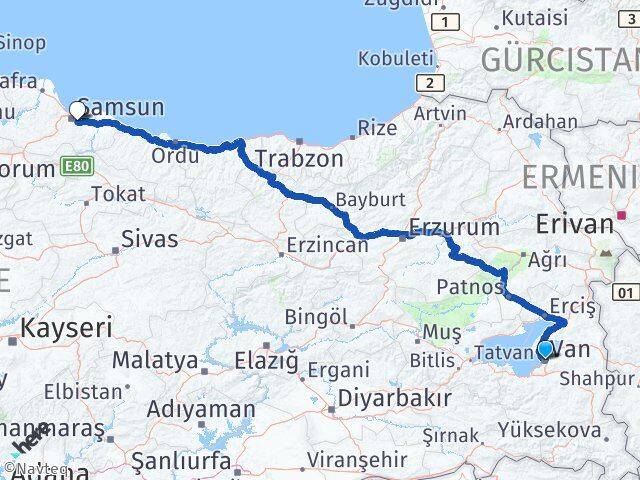 Van Tekkeköy Samsun Arası Kaç Km - Yol Haritası