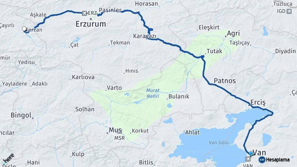 Van Tercan Erzincan Arası Kaç Km - Yol Haritası