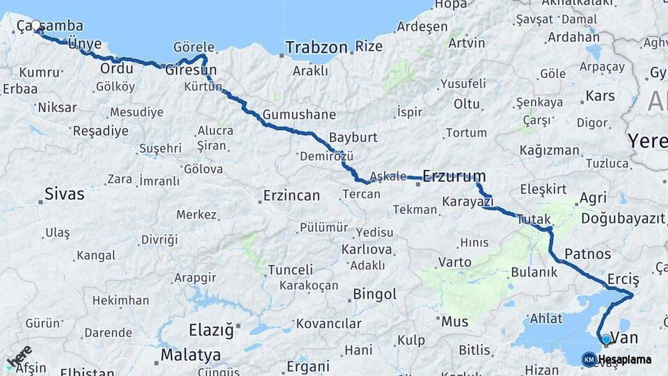 Van Terme Samsun Arası Kaç Km - Yol Haritası