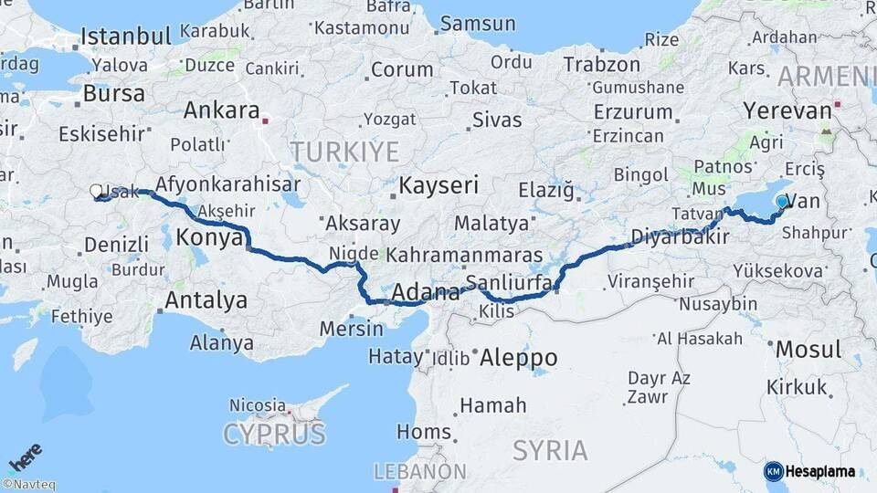 Van Uşak Arası Kaç Km - Yol Haritası
