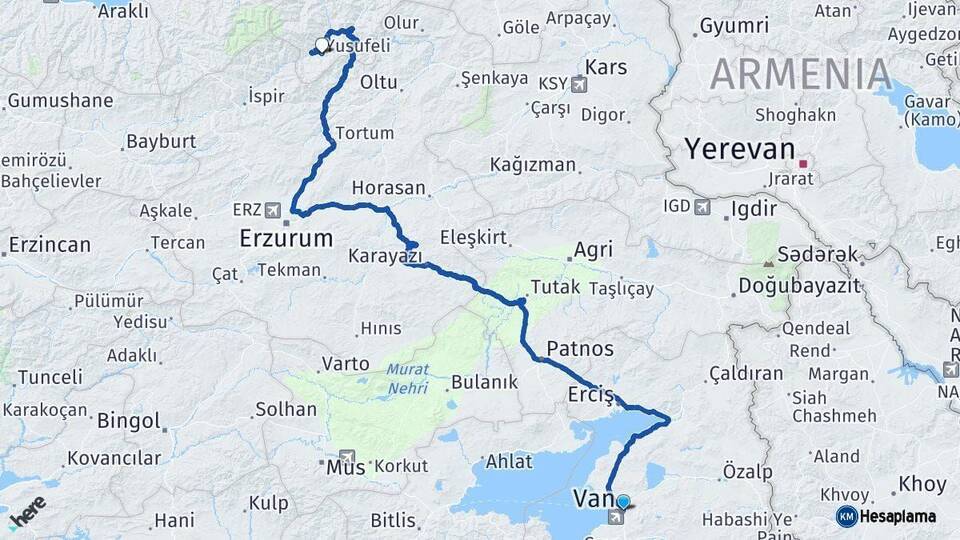 Van Yusufeli Artvin Arası Kaç Km - Yol Haritası