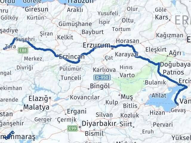 Van Zara Sivas Arası Kaç Km - Yol Haritası