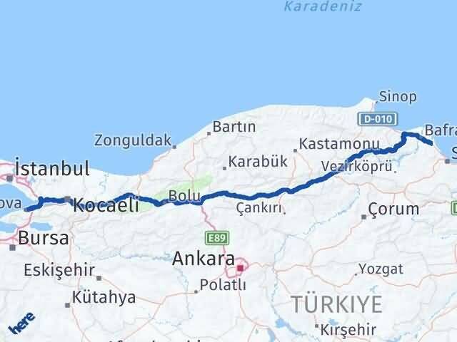 Yalova 19 Mayıs Samsun Arası Kaç Km - Yol Haritası