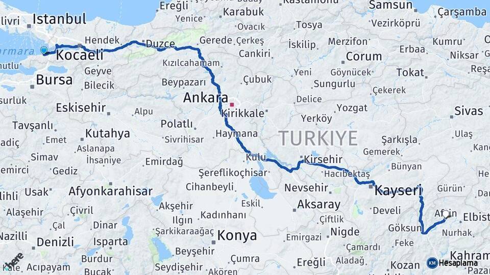 Yalova Afşin Kahramanmaraş Arası Kaç Km - Yol Haritası
